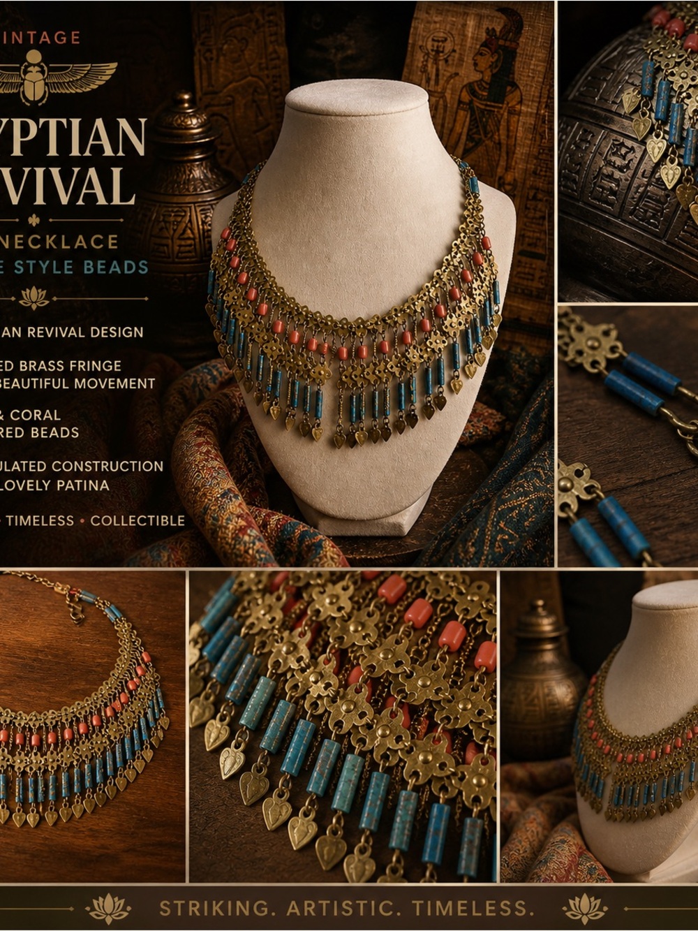 Vintage Egyptian Revival Bib Necklace Brass Fringe Blue and Coral Faience Style
